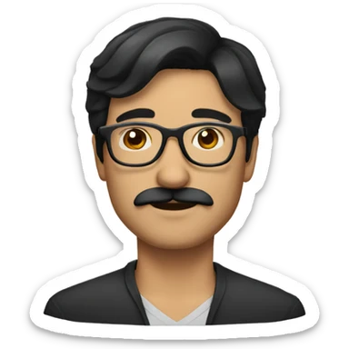 a shoulder length black-haired man, using glasses, with mustache sticker