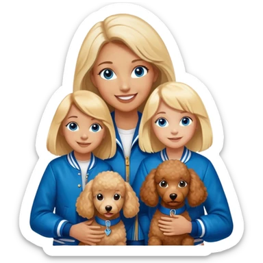 smiling mother in letterman jacket with W and Blue eyes, two Little girls Long blond straight hair and Blue eyes, one brown poodle puppie sticker