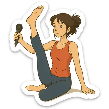 ghibli style illustration of a woman doing yoga with a microphone sticker
