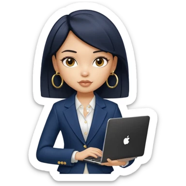 a pretty bratz girl with straight black short hair wearing a dark blue blazer and carrying a laptop. gold small hoops sticker