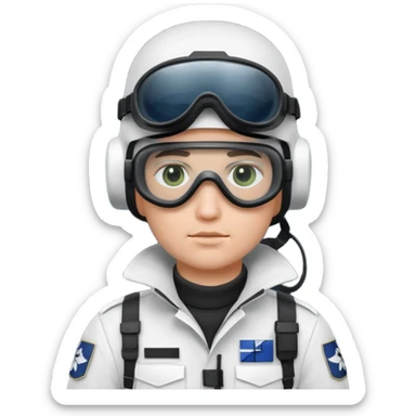 A Finnish modern soldier in a white snow uniform. with black night vision goggles sticker