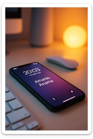 A photo of an iPhone on the desk with the message "Antonio Anania" on its screen, The phone sits atop a desk with a blurred background that suggests work environment. A faint glow from above casts gentle shadows across the surface of each object, creating depth and highlighting their textures sticker