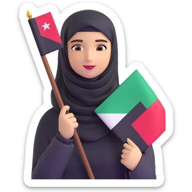 a hijab-wearing girl wearing the Palestinian keffiyeh and holding the Oman flag sticker