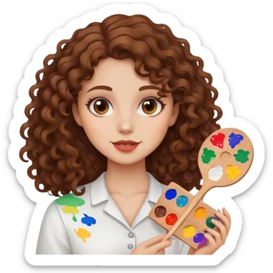 girl with brown curly hair holding paint palette  sticker