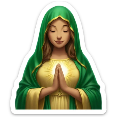 Virgin Mary: kind face looking down at the left, long brown hair, Wearing an emerald green  robe with gold stars and a burgundy red dress,  Hands in prayer or blessing. Halo around her head. standing in front of a big sun. colorful roses on the sides  sticker