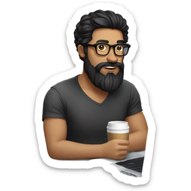 Designer with black hair, beard and glasses working with MacBook and drinking cappuccino with girl snger sticker