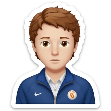 Owen Cooper in brown short wavy hair and brown eyes, freckles and pale skin. And he’s wearing a deep blue sports jacket and white shirt sticker