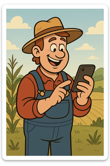 A cheerful farmer in overalls using a smartphone, standing in a field, cartoon style. sticker