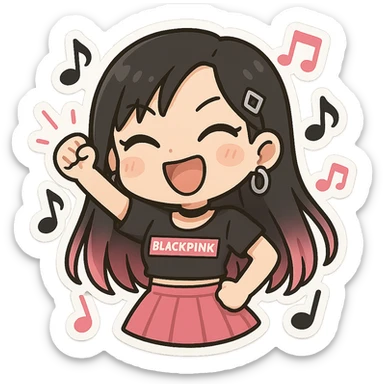 BLACKPINK-inspired chibi sticker, black and pink music note, fun and energetic sticker