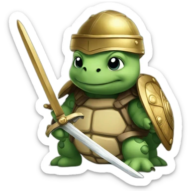 Franklin the tortle wearing a roman helmet and keeping a sword sticker