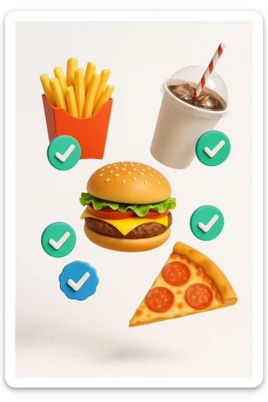 fast food fluttua in aria insieme a spunte di verificato in 3d, sfondo bianco sticker