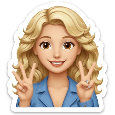 Luxury blonde model, brown eyes, wavy hair, peace sign sticker