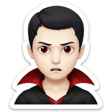 Vampire boy with the short black hair, pale scin, black eyes, little fangs and dark circles under his eyes. He has serious face sticker