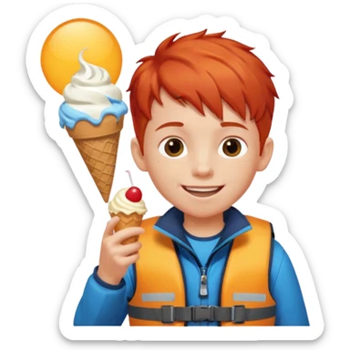 boy kid red haired wearing lifejacket, eating ice cream, sun sticker