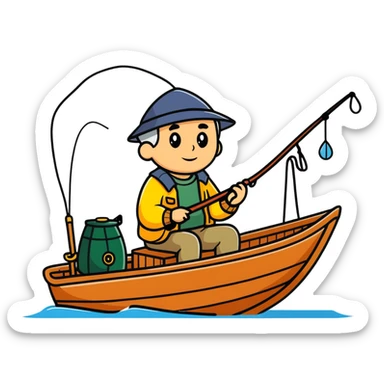 elderly fisherman sitting in boat with fishing rod sticker