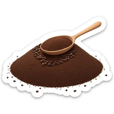 small mound of ground coffee, dark brown, textured, loose grains at base, tiny wooden spoon partially placed in, clean minimal 3D, soft shadows and lighting, realistic but stylized, no packaging no cup no beans sticker