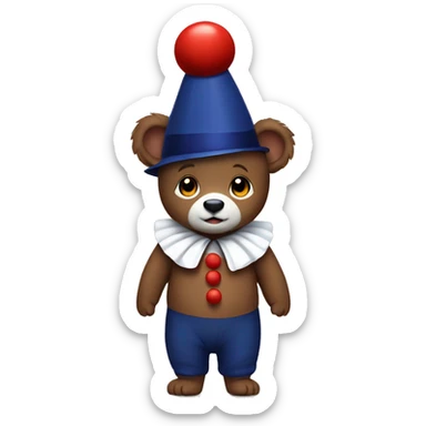 Brown baby bear. Clothes are Red White and Navy. Wearing jester collar and a clown hat.  sticker