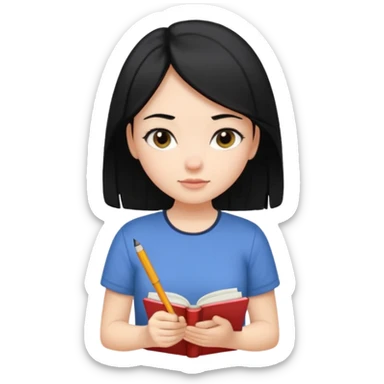 girl with black hair in short sleeves writing a journal sticker