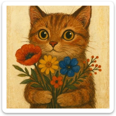 a cat holding flowers, diverse artistic styles, style 4 sticker