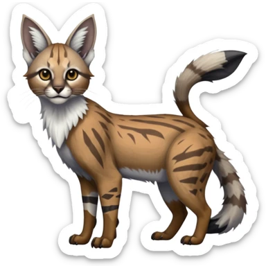 Realistic patterned marked edgy greyish blackish whitish silvery coppery Shiny Colorful Glossy Genet-Caracal-Lion-Bobcat-fusion-animal-hybrid-creature, full body, big-tufted-bat-ears, long-thin-tufted-white-tipped-tail sticker