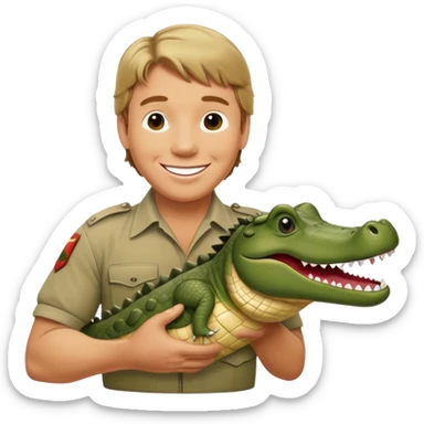 Cinematic Realistic Steve Irwin Portrait Emoji, in his signature khaki attire, holding a crocodile or giving an excited thumbs-up. The scene is lit with vibrant, natural sunlight, emphasizing his adventurous spirit and deep connection to nature. sticker