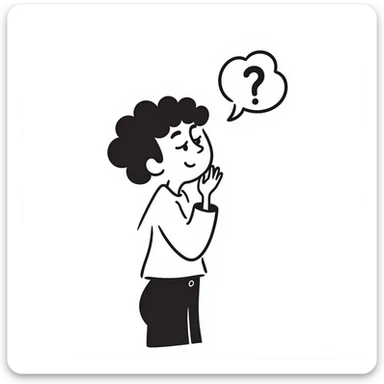 hand-drawn doodle of a person with hand on chin, pondering, thought bubble, minimal style sticker