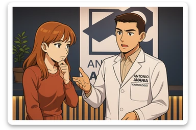 su questo stile fai un manga/webtoon a colori in cui una donna SI TOCCA IL MENTO CON L'INDICE MENTRE ASCOLTA PENSIEROSA L'UOMO, l'uomo della foto in stile manga LE SPIEGA CHE DEVE PROVARE LA SUA VALUTAZIONE MEDICA, mantieni un ambiente simile alla foto che ho allegato con il suo logo (sarebbe il suo studio, lui è un kinesiologo), scrivigli "ANTONIO ANANIA" sul camice bianco, non mettere fumetti, ma fai in modo che sembri che la donna ASCOLTI l'uomo sticker