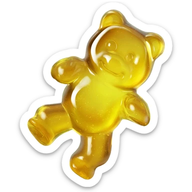 a hyper-realistic 3D rendering of a translucent, glistening gummy bear mid-bounce, its plump body captured in dynamic motion as if frozen in time. The candy's surface refracts light like real gelatin, with sticky highlights gleaming along its curved edges and subtle sugar granules  sticker