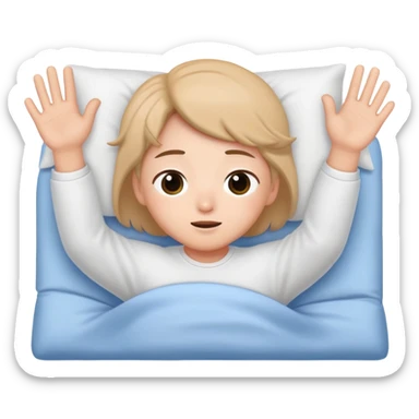 A cute character named Boksil waving gently while lying down in bed with eyes closing, looking sleepy sticker