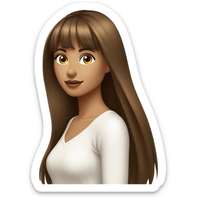 beautiful woman, tan skin, hazel eyes, straight long brown hair, bangs, model, white top sticker