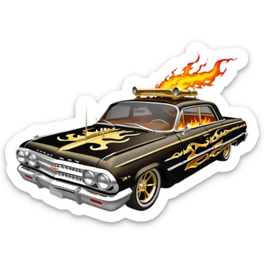 Hot rod custom 1964 impala low rider four door Anubis theme painted hood flaming side-pipes sticker