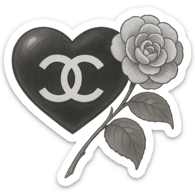 Chanel heart, dreamy, black and white, with a camellia flower sticker