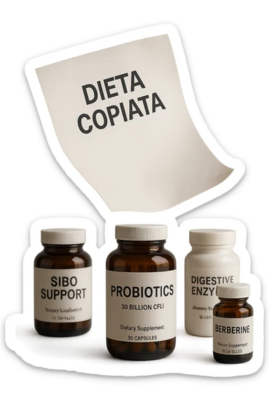 FOGLIO DI CARTA FLUTTUA IN ARIA CON LA SCRITTA "DIETA COPIATA", INSIEME A BARATTOLI DI INTEGRATORI PER CURARE IL SIBO, IPERREALISTICO 4K, NON DISEGNATO sticker