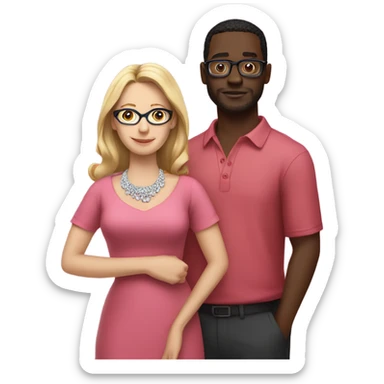 white woman wearing a pink dress and diamond necklace standing with a black guy with glasses wearing a red shirt sticker