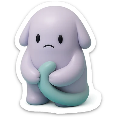 small monster with drooping shoulders, holding its own tail, gentle lighting, subtle colors, toy-like vinyl figure style sticker