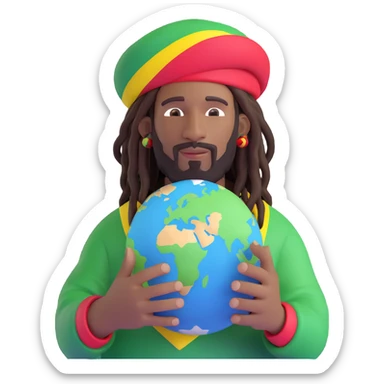A rasta man bigging up di whole world 🌍🔥🤲🏾, reggae vibes 🎶, love and unity ✨💛💚❤️, every nation stand strong 🇯🇲 holding a the world in his hand sticker