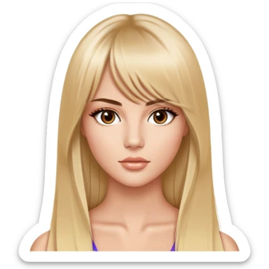 victoria’s secret model, very long straight blonde hair parted in the middle with bangs, almond-shaped brown eyes, brown eyebrows, oval face sticker
