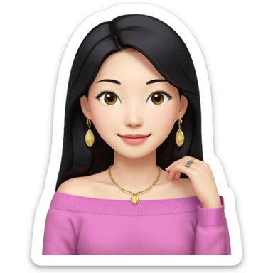 South Korean girl in her mid-thirties with long black hair parted in the middle. She is wearing a pink, off the shoulder long sleeve knit sweater, extra small gold earrings and a gold necklace. She has brown eyes with narrow, mono lid shape and smiling with lips together sticker