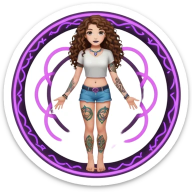 full body view of a woman with long curly brown hair, brown eyes, white skin, tattoos, standing in a magic circle on the ground, neon symbols around her feet sticker