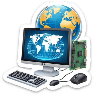 An icon featuring a computer monitor displaying code, a globe with network nodes, and a circuit board, symbolizing IT. The design includes data streams, cloud storage, and a keyboard, representing digital innovation, connectivity, and problem-solving. Transparent background sticker