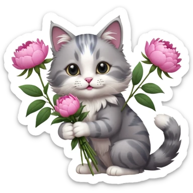 Cute cat Handing pink peonies like reaching a hand and handing them out a bouquet of them not a physical hand the cats hand  make the cat fluffy and grey and white fluffier fluffier  sticker