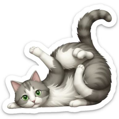 grey and white cat with green eyes doing a big extremely long stretch reaching up into the air with arms and legs side by side together straight and overextended whilst lying on its side sticker
