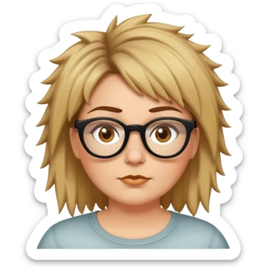  plus size white women with short medium brown and blonde shaggy spiked hair wearing glasses with hazel color eyes and flat nose sticker
