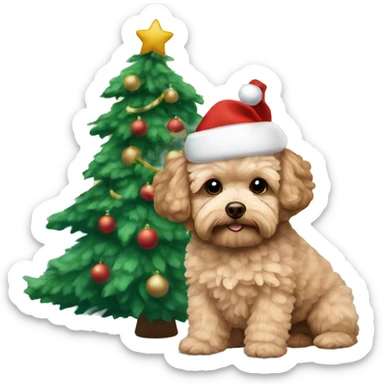 Brown, beige colored Maltipoo with Christmas hat and Christmas tree in the background  sticker
