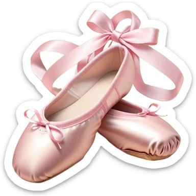 Cinematic Realistic Ballet Shoes, soft satin pink pointe shoes with delicate ribbons, resting gently on a polished wooden floor, subtle creases in the fabric, glowing under the warm golden light of a rehearsal studio, evoking elegance and grace. sticker