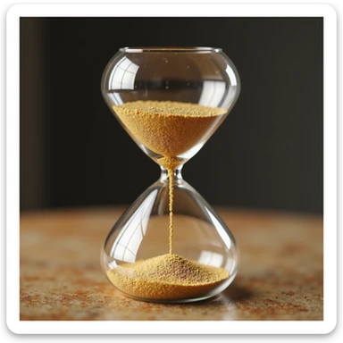 hyperrealistic 3D hourglass, 4K render, realistic reflections on glass, golden sand flowing sticker