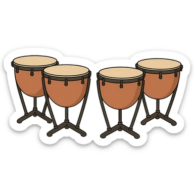 Cartoon style depiction of exactly four timpani drums, no player, all drums brown, with no background, isolated on transparent background. sticker