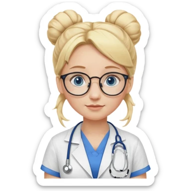 Blonde hair with two buns, blue eyes, stethoscope, and glasses sticker