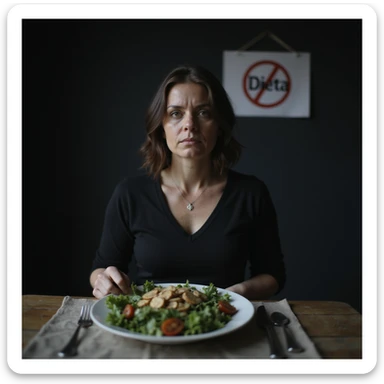 ultra realistic photo of an adult woman sitting in front of a salad plate, downcast gaze, cutlery placed as if heavy, dark atmosphere, cold light, minimalist kitchen background, sign 'Dieta' styled like a prohibition sign, environment conveying constraint sticker