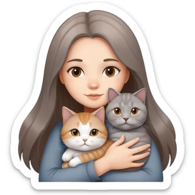 A long-haired girl hugs a British shorthair cat with a brown and white gradient sticker